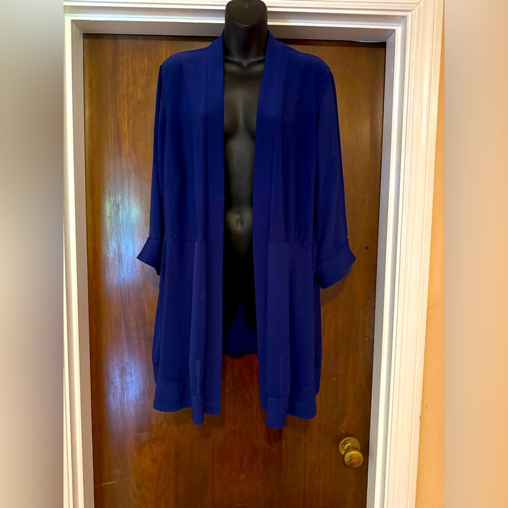 Royal Blue Silky Cardigan with Sheer Sleeves and Bottom Half -Size 16-NWOT